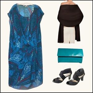 DKNYC 2X Teal Abstract Ikat Overlay Dress w/ Slip | Artsy Statement | Plus Size